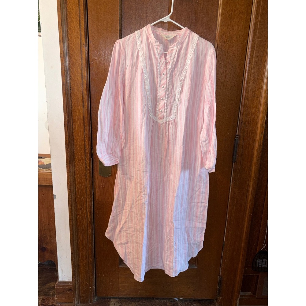 Amanda Stewart Country Pink Striped Cotton Nightgown Lace Trim Pearl Buttons L